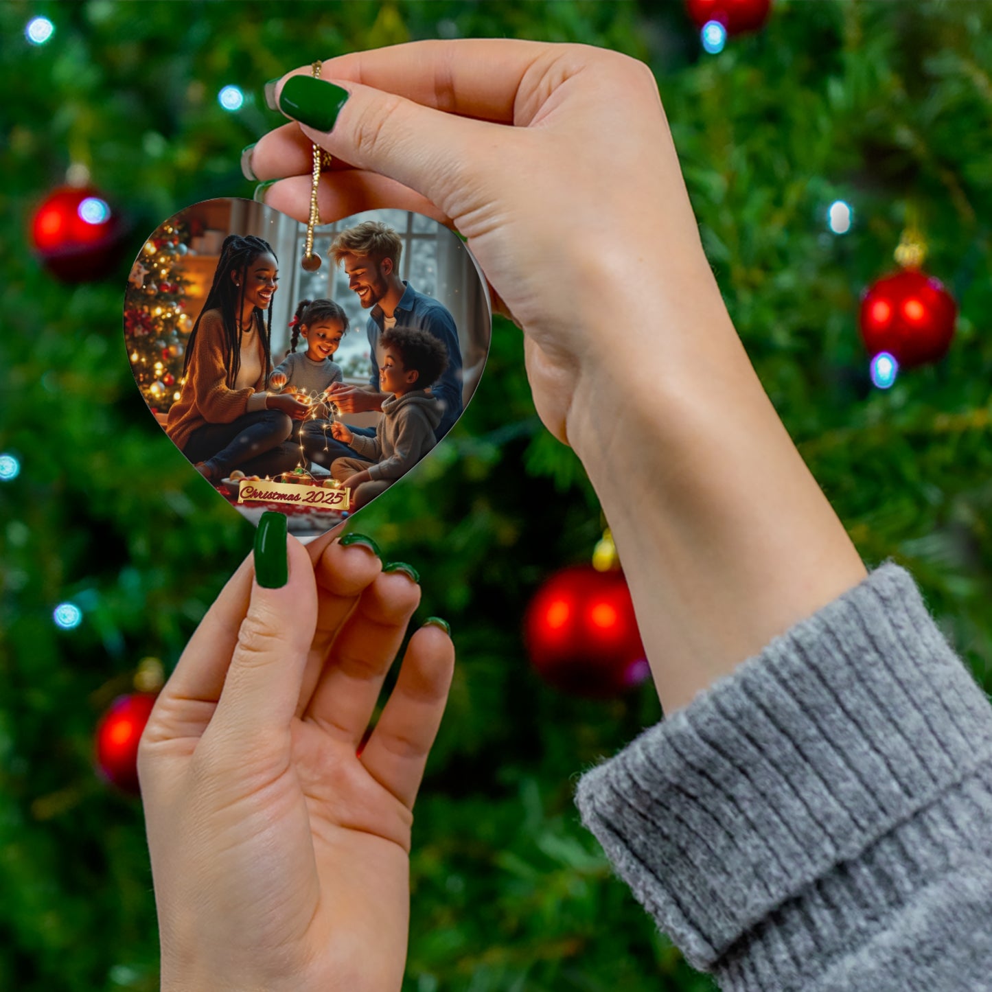 Ceramic Christmas Ornament | Multiracial Family | Black Mom, White Dad, Two Kids