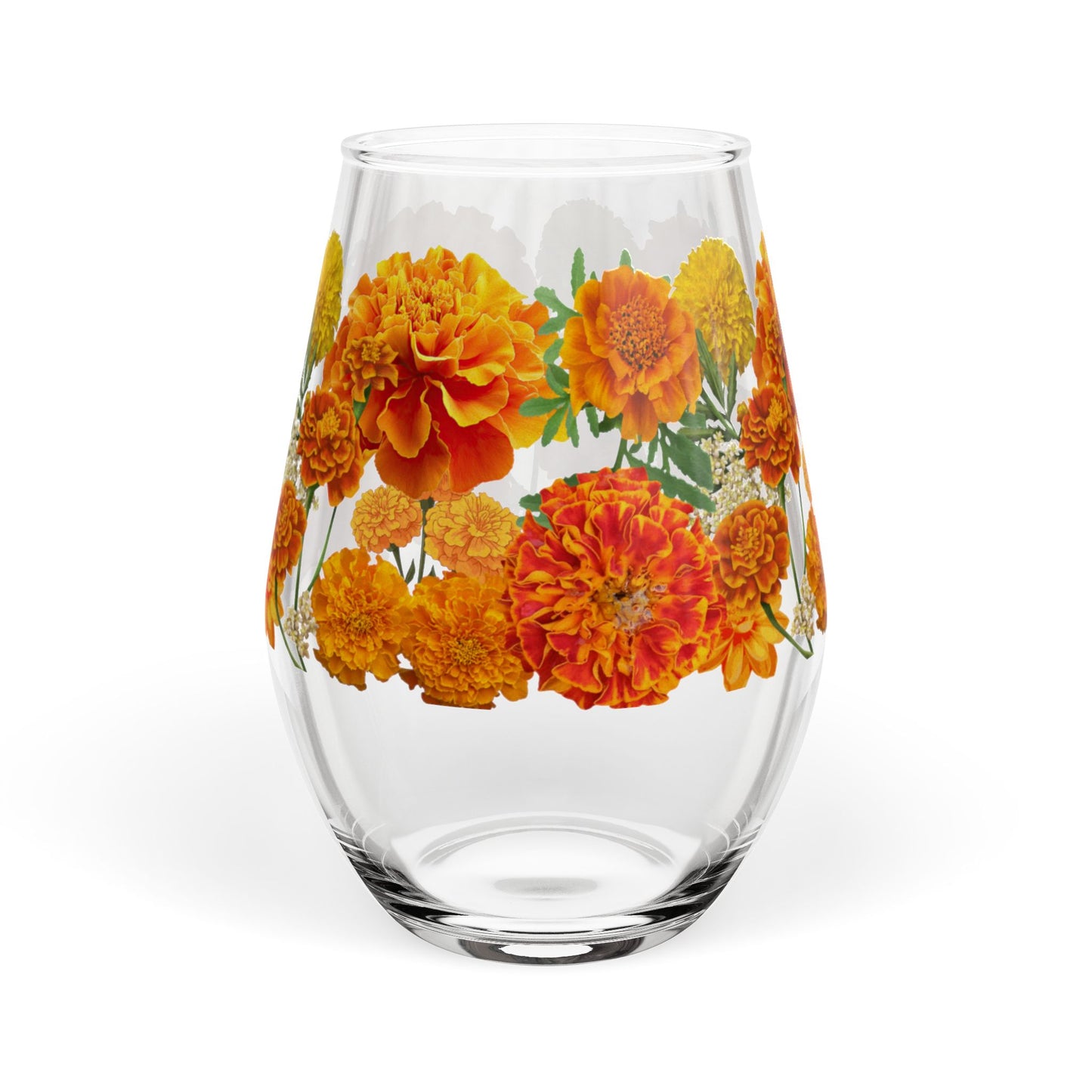 October Birth Month Flower - Marigold Bouquet Stemless Wine Glass — 11.75oz