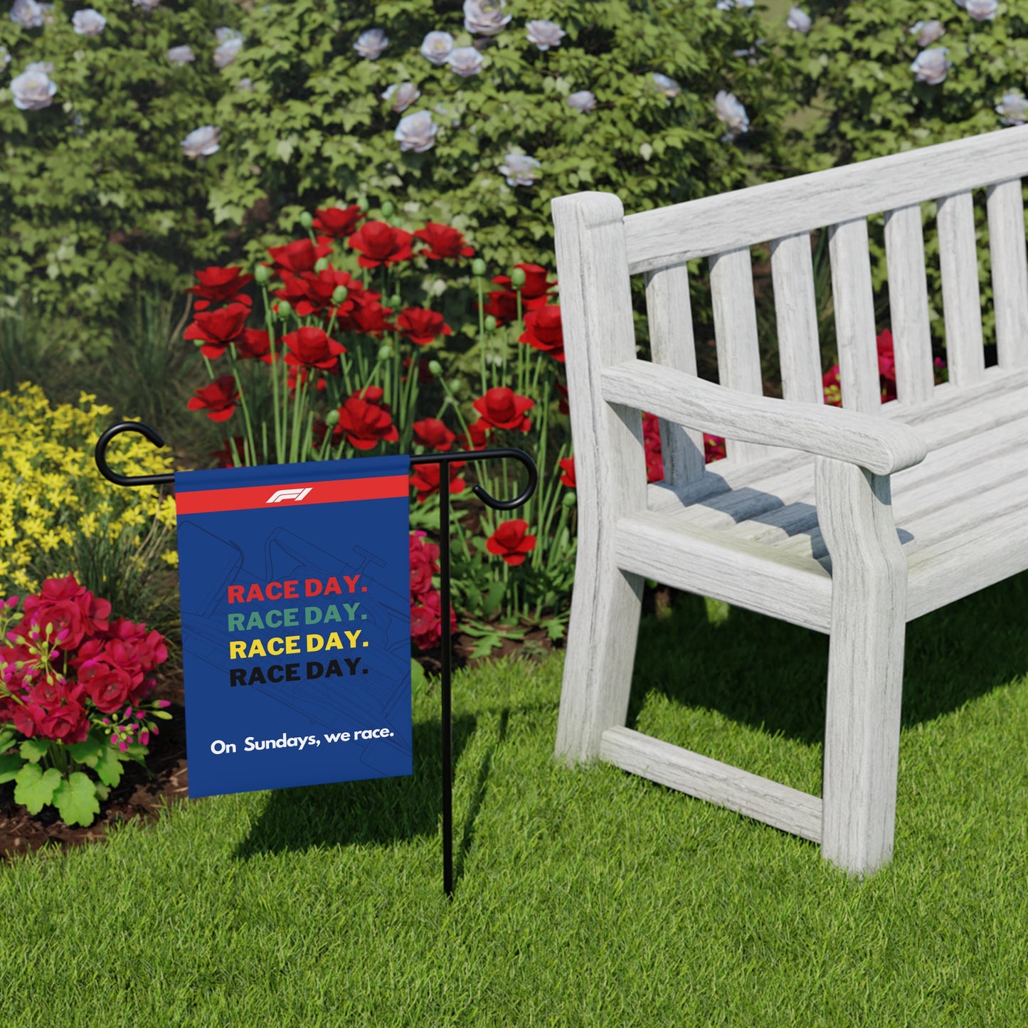 Race Day Garden Banner — "On Sundays We Race" Formula 1 Yard Flag