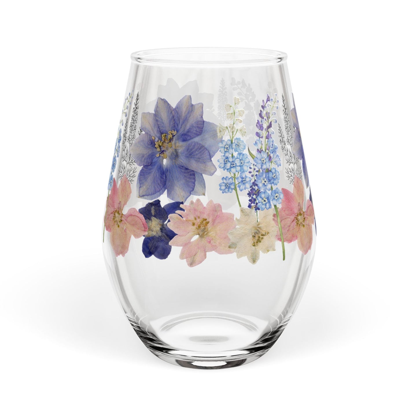 July Birth Month Flower - Larkspur Bouquet Stemless Wine Glass — 11.75oz