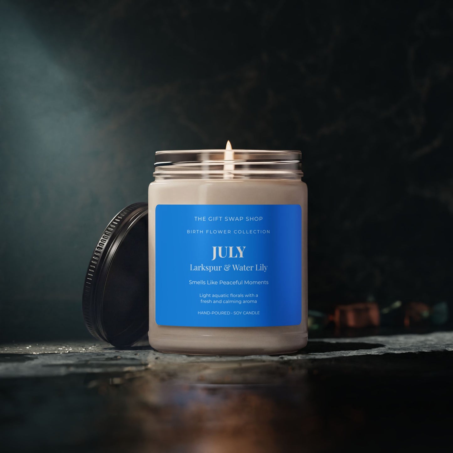 July Birth Flower Soy Candle — Larkspur & Water Lily (9oz)