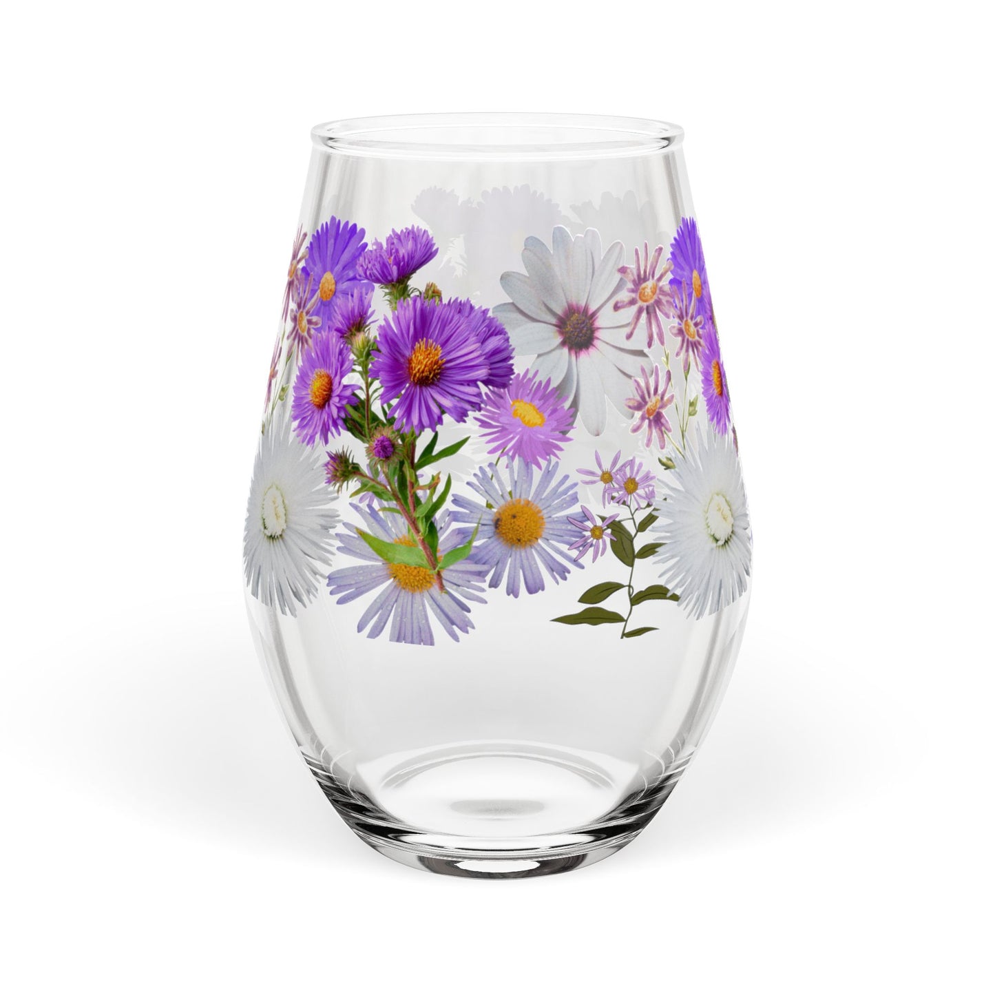 September Birth Month Flower - Aster Bouquet Stemless Wine Glass — 11.75oz