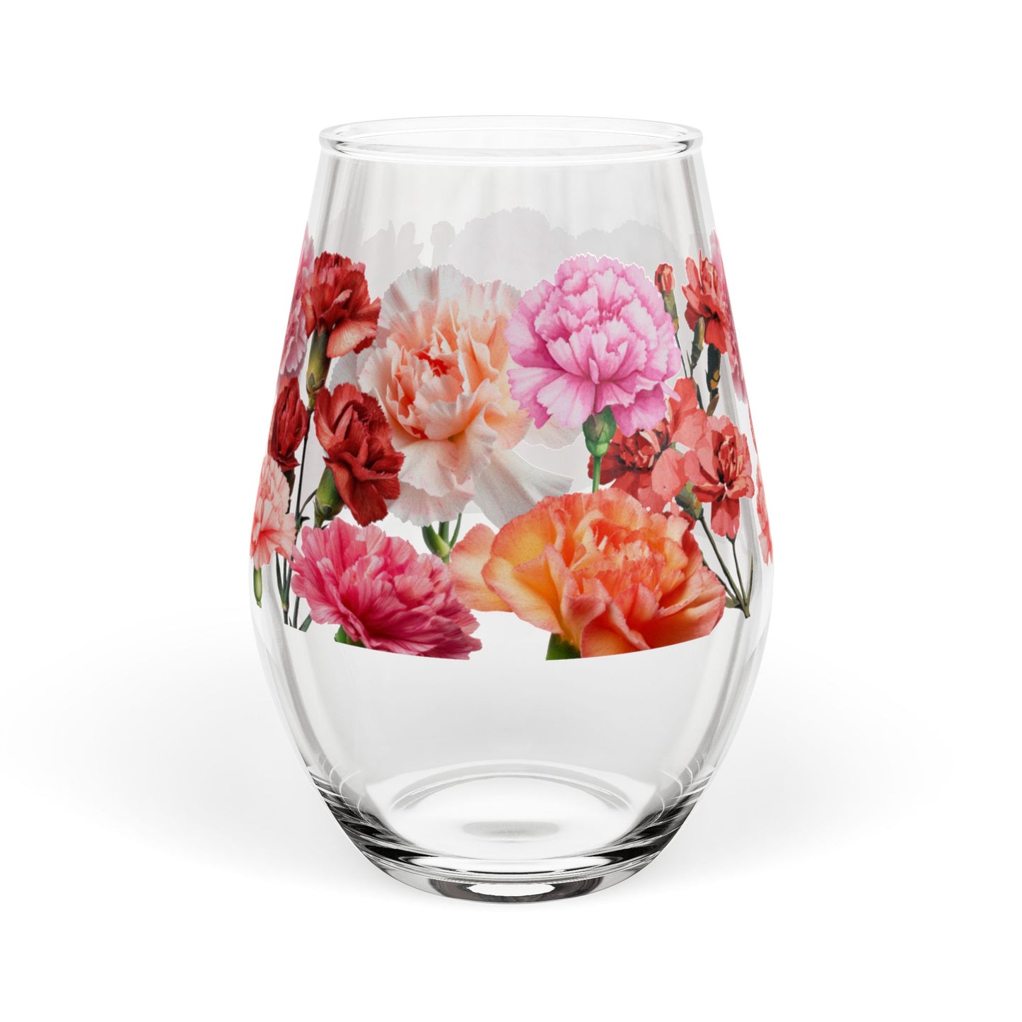 January Birth Month Flower - Carnation Bouquet Stemless Wine Glass — 11.75oz