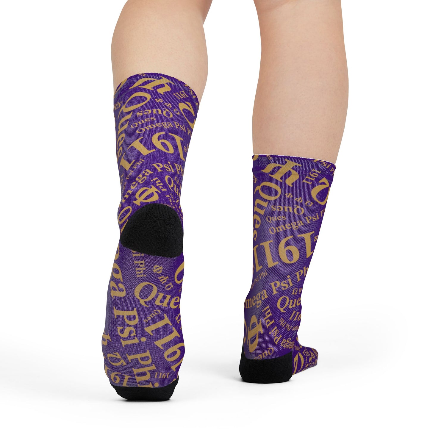 Omega Psi Phi Purple & Gold Patterned Crew Socks Ques Gear – Sublimation Greek Letter Design