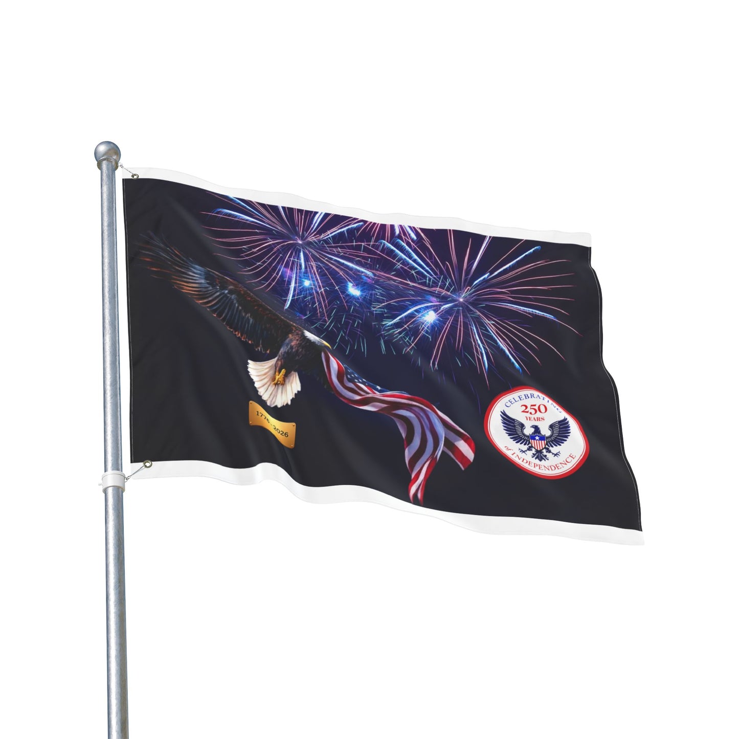 Bald Eagle with American Flag Double Sided Flag | 1776-2026 Fireworks | 1776-2026 Fireworks Flag | 250th Anniversary Flag