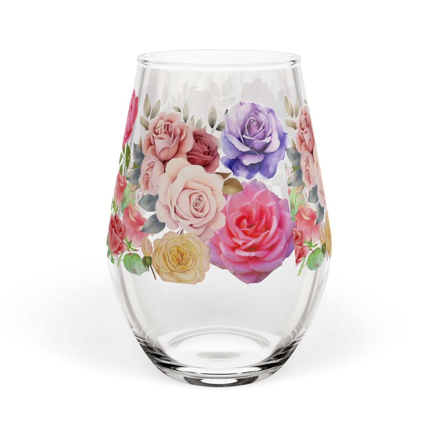 June Birth Month Rose Bouquet Stemless Wine Glass — 11.75oz