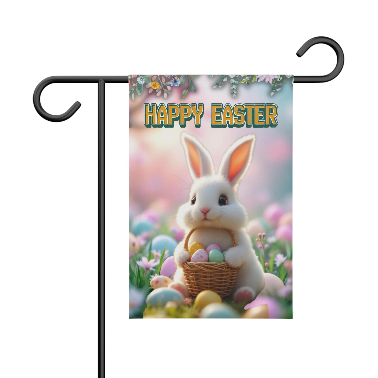 Happy Easter Bunny Garden Banner - Colorful Yard Flag with Pastel Eggs