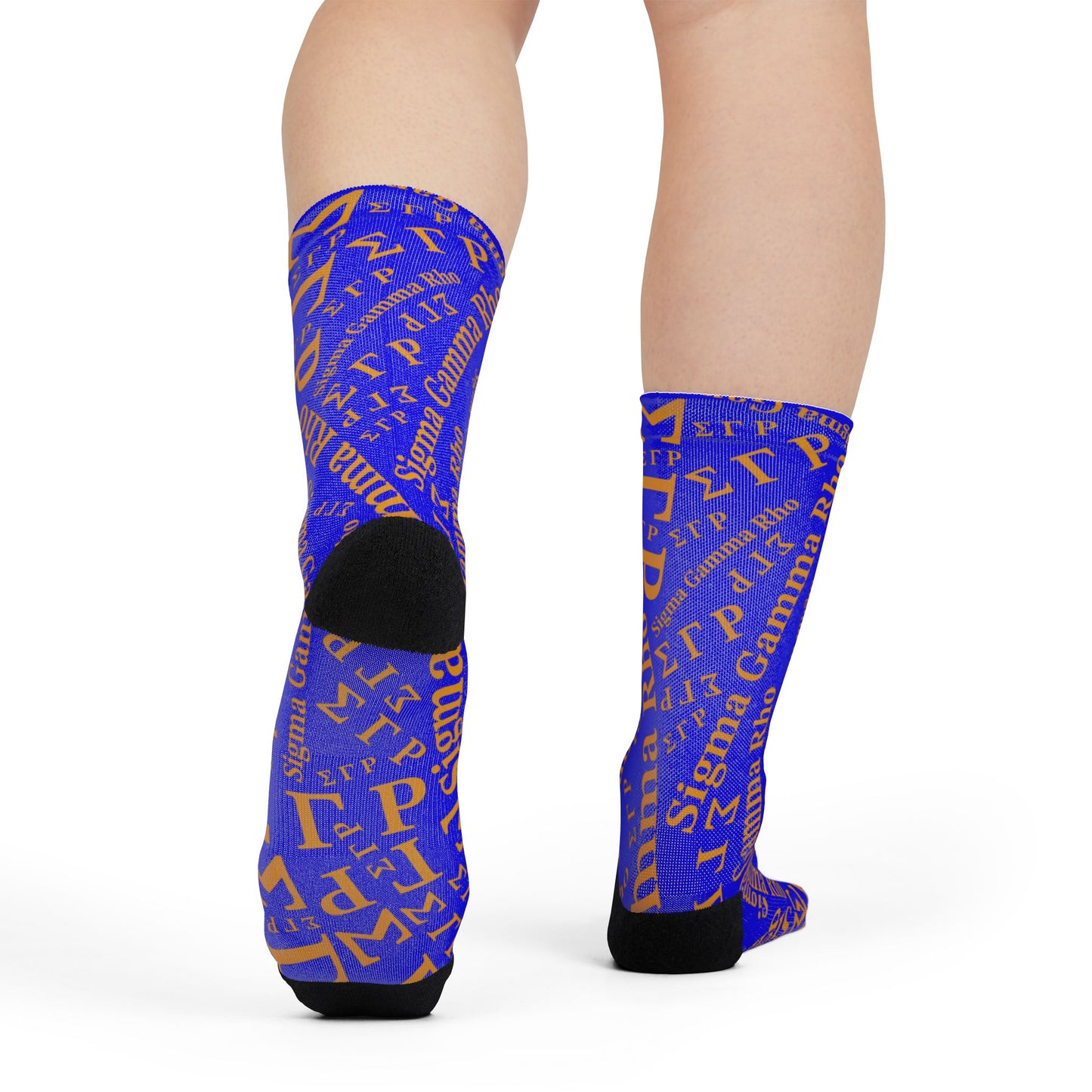 ΣΓΡ | Greek Letters Pattern | Paraphernalia | Gift Sigma Gamma Rho Blue & Gold Word-Cloud Crew Socks — Custom Sublimation