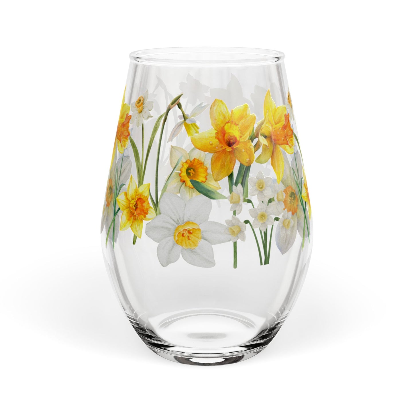 December Birth Month Flower - Paperwhite Narcissus Bouquet Stemless Wine Glass — 11.75oz