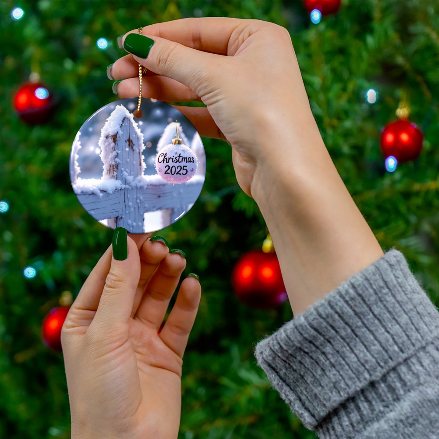 Christmas Ornament, white picket fence, Gift for Tree, 2025 Keepsake, Winter Decoration, Handcrafted Ceramic Ornament