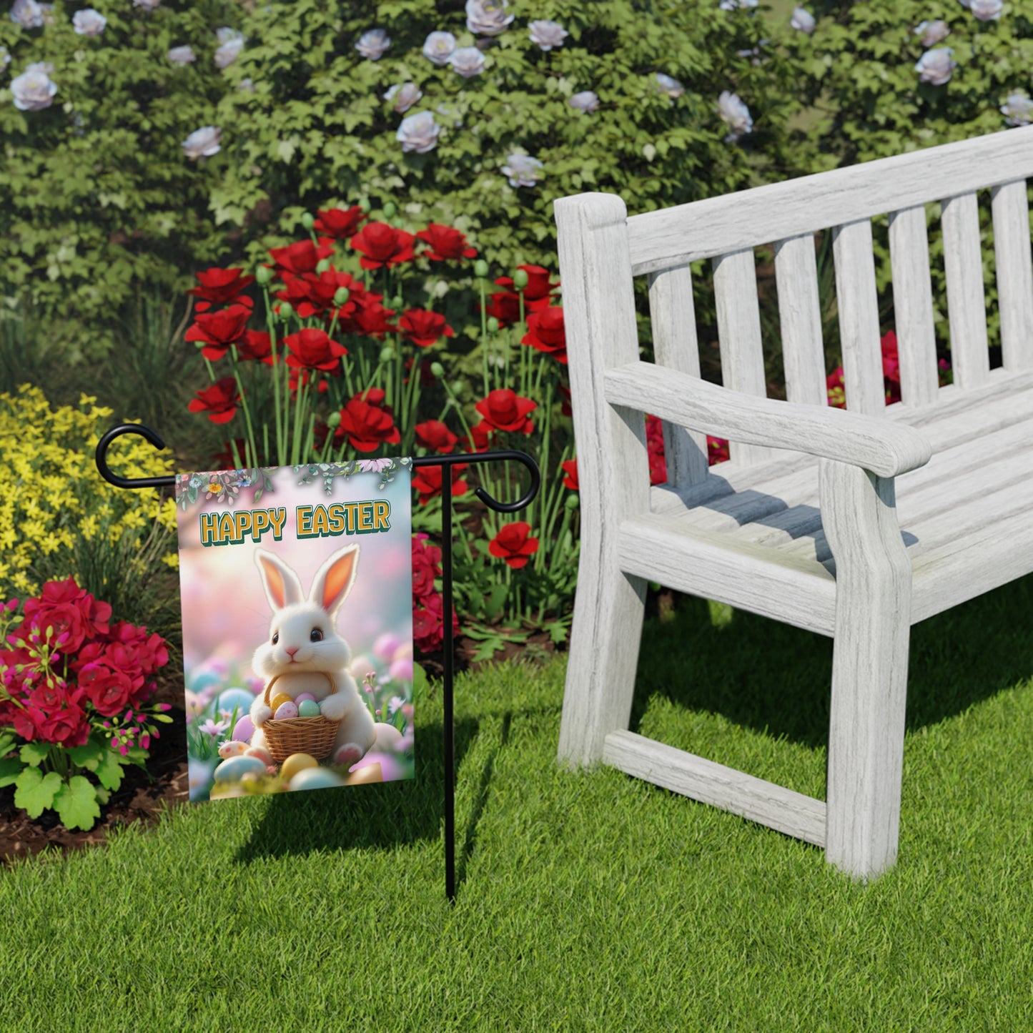 Happy Easter Bunny Garden Banner - Colorful Yard Flag with Pastel Eggs