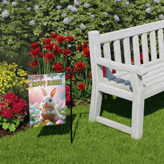 Happy Easter Bunny Garden Banner - Colorful Yard Flag with Pastel Eggs
