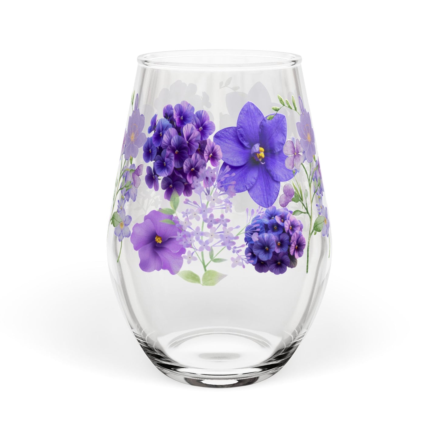 February Birth Month Flower - Violet Bouquet Stemless Wine Glass — 11.75oz