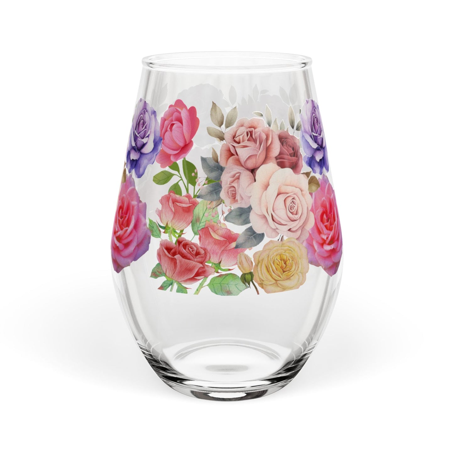 June Birth Month Rose Bouquet Stemless Wine Glass — 11.75oz