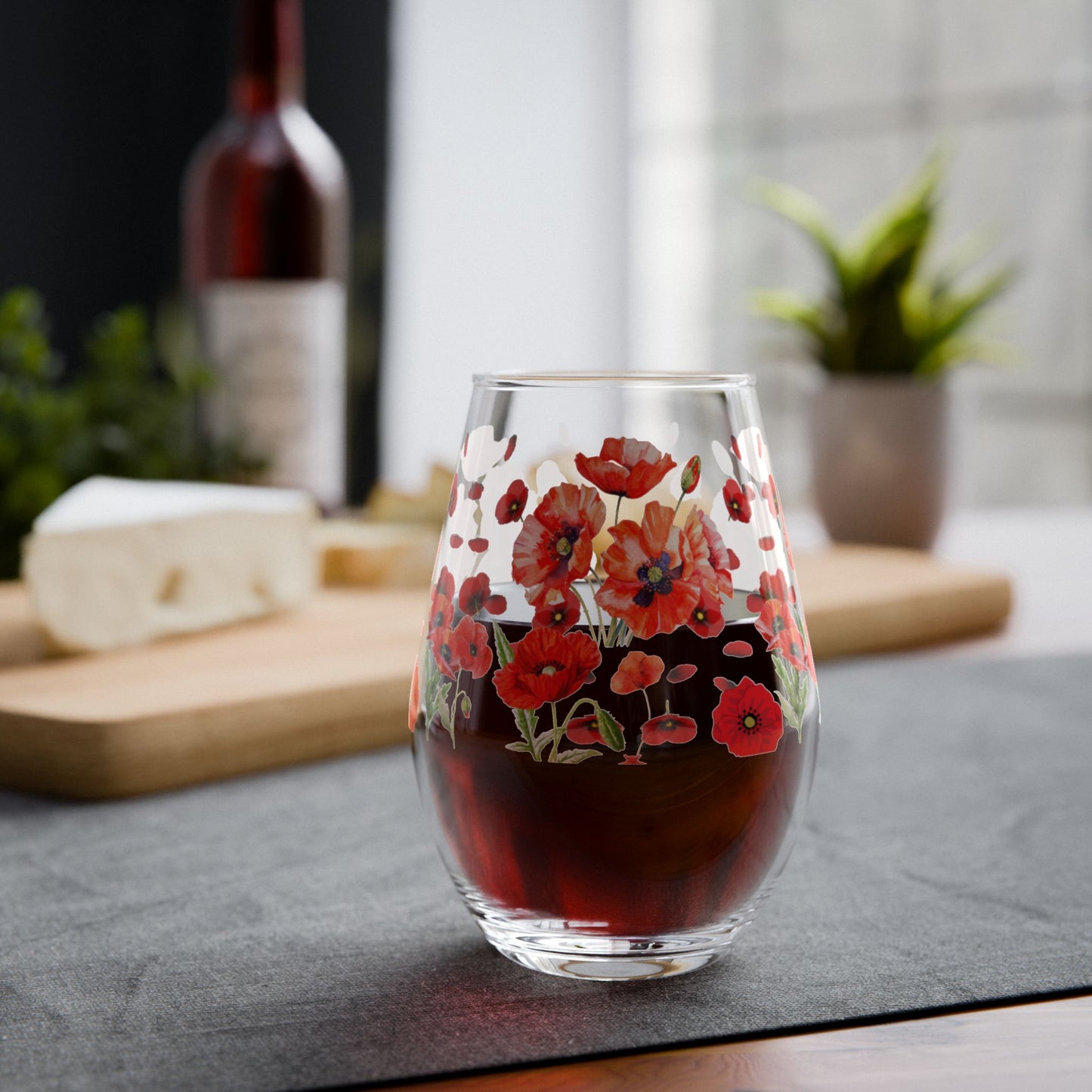 August Birth Flower - Poppy Bouquet Stemless Wine Glass — 11.75oz