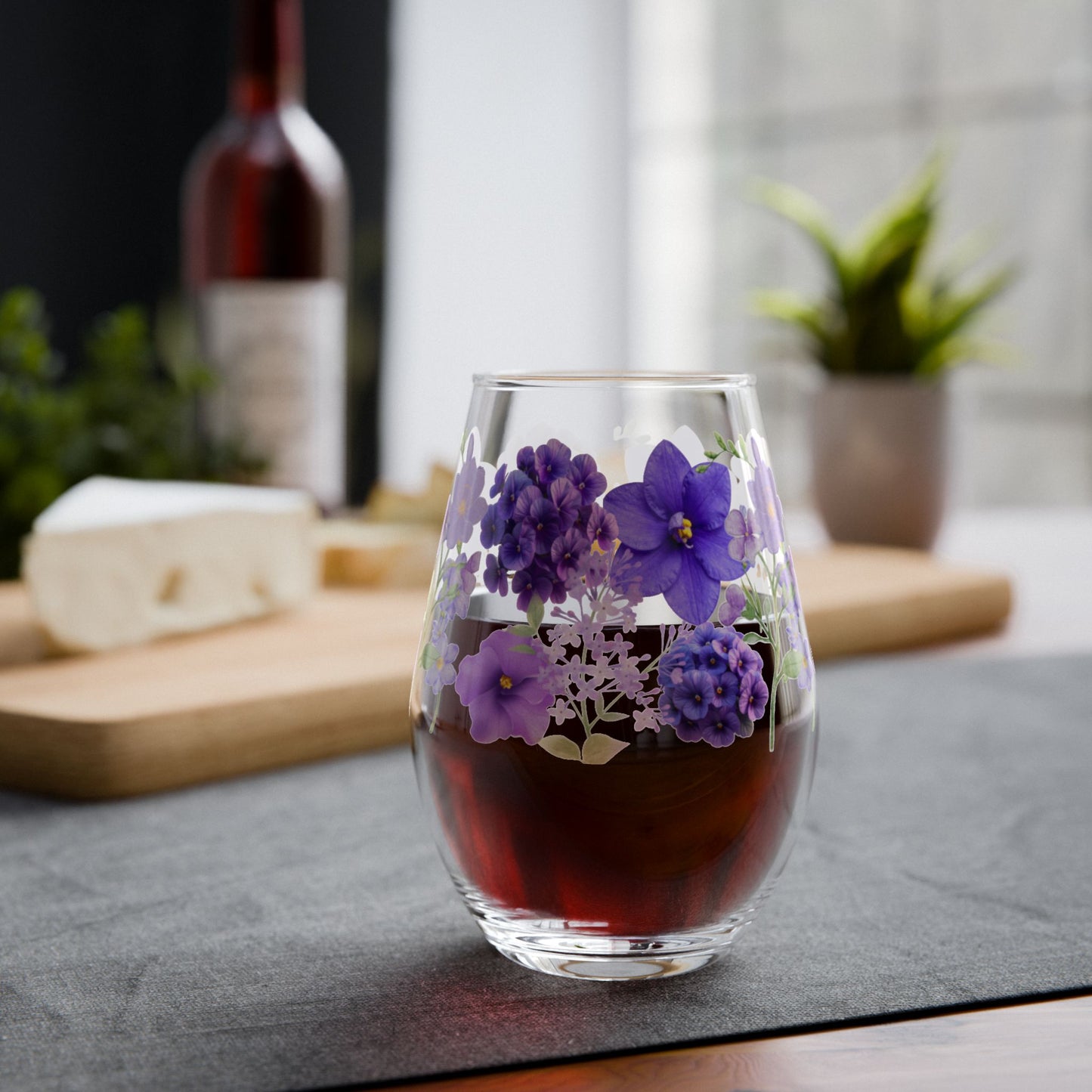 February Birth Month Flower - Violet Bouquet Stemless Wine Glass — 11.75oz
