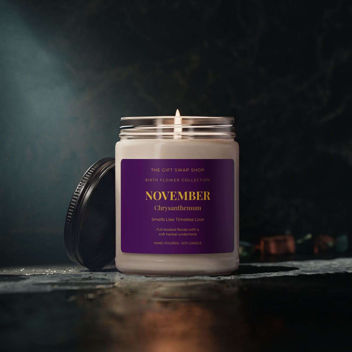 November Birth Flower Chrysanthemum Soy Candle — 9oz Scented Jar