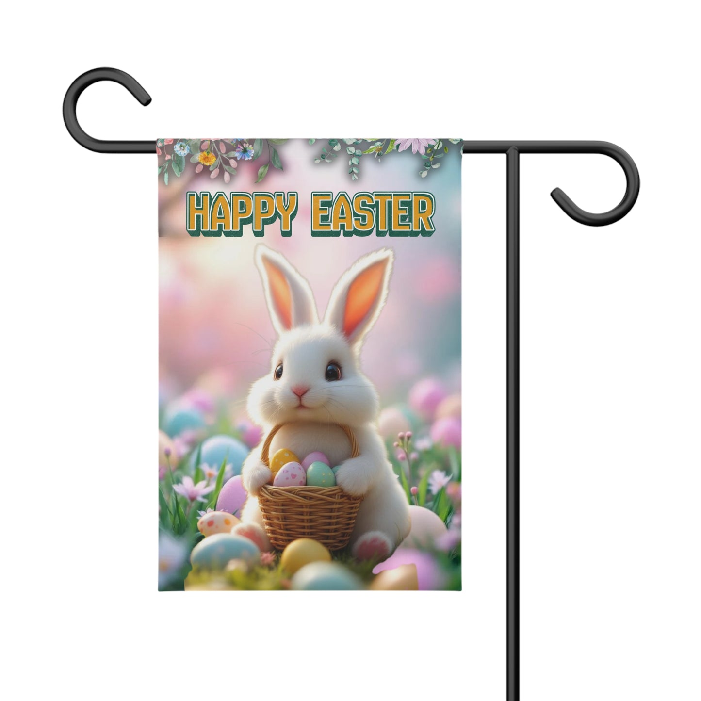Happy Easter Bunny Garden Banner - Colorful Yard Flag with Pastel Eggs