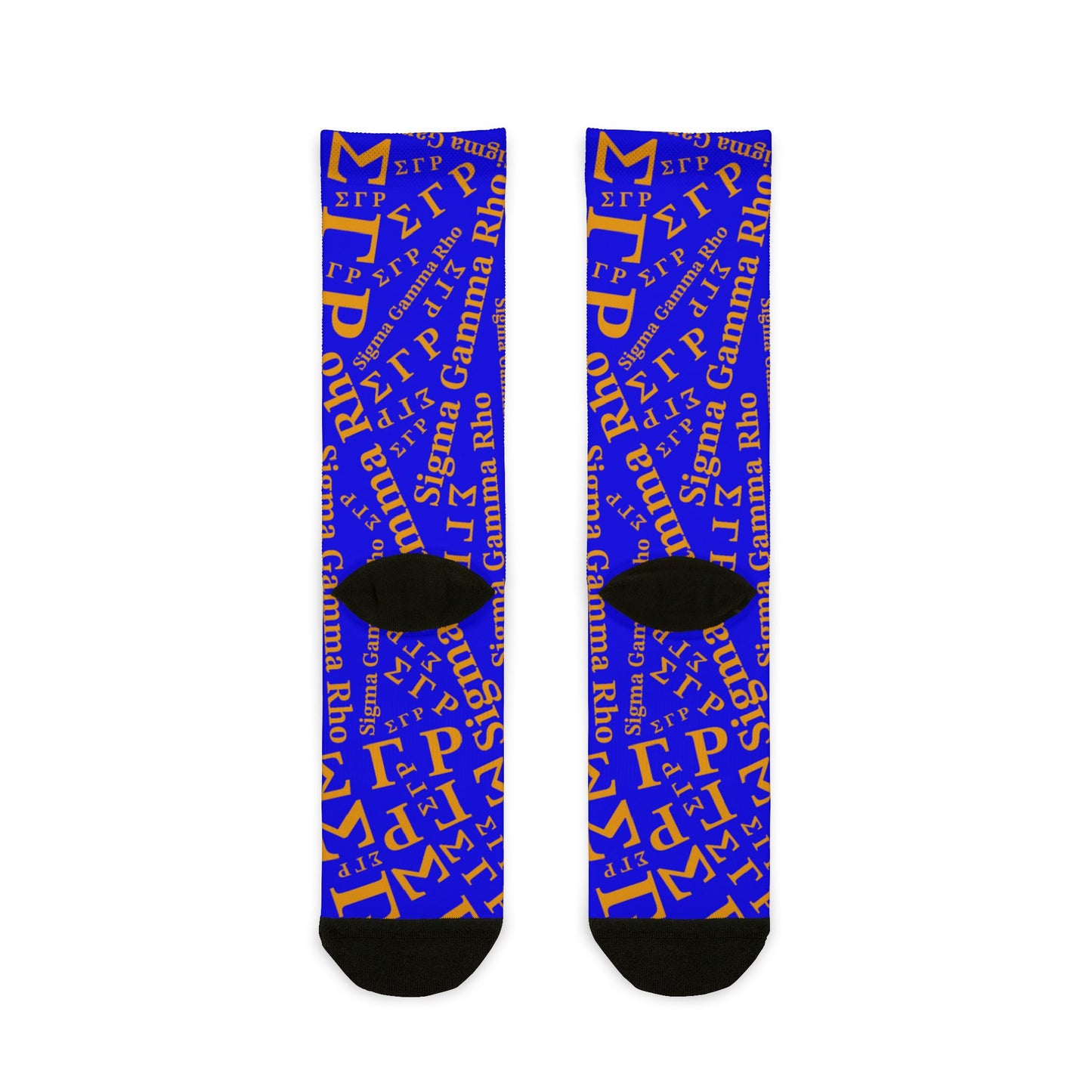 ΣΓΡ | Greek Letters Pattern | Paraphernalia | Gift Sigma Gamma Rho Blue & Gold Word-Cloud Crew Socks — Custom Sublimation