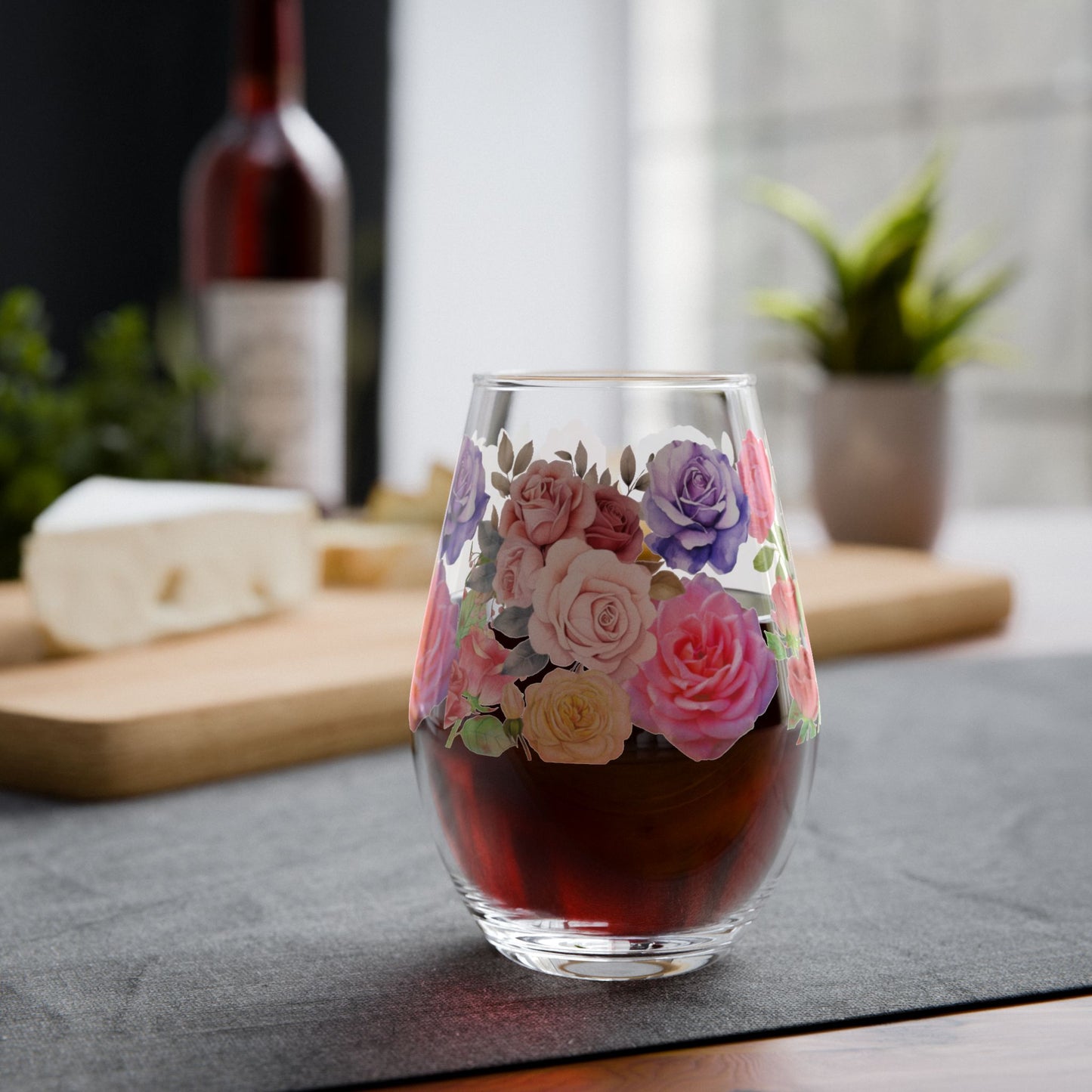 June Birth Month Rose Bouquet Stemless Wine Glass — 11.75oz