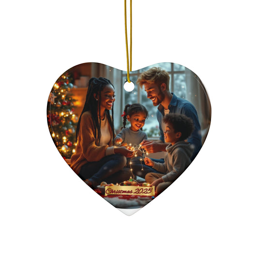 Ceramic Christmas Ornament | Multiracial Family | Black Mom, White Dad, Two Kids