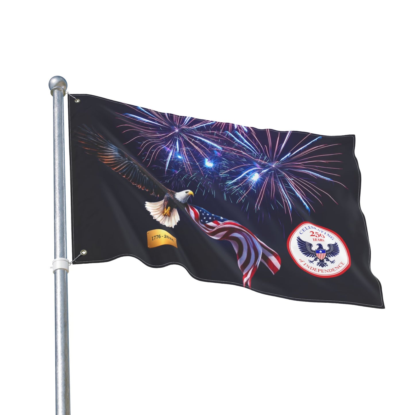 Bald Eagle with American Flag Double Sided Flag | 1776-2026 Fireworks | 1776-2026 Fireworks Flag | 250th Anniversary Flag