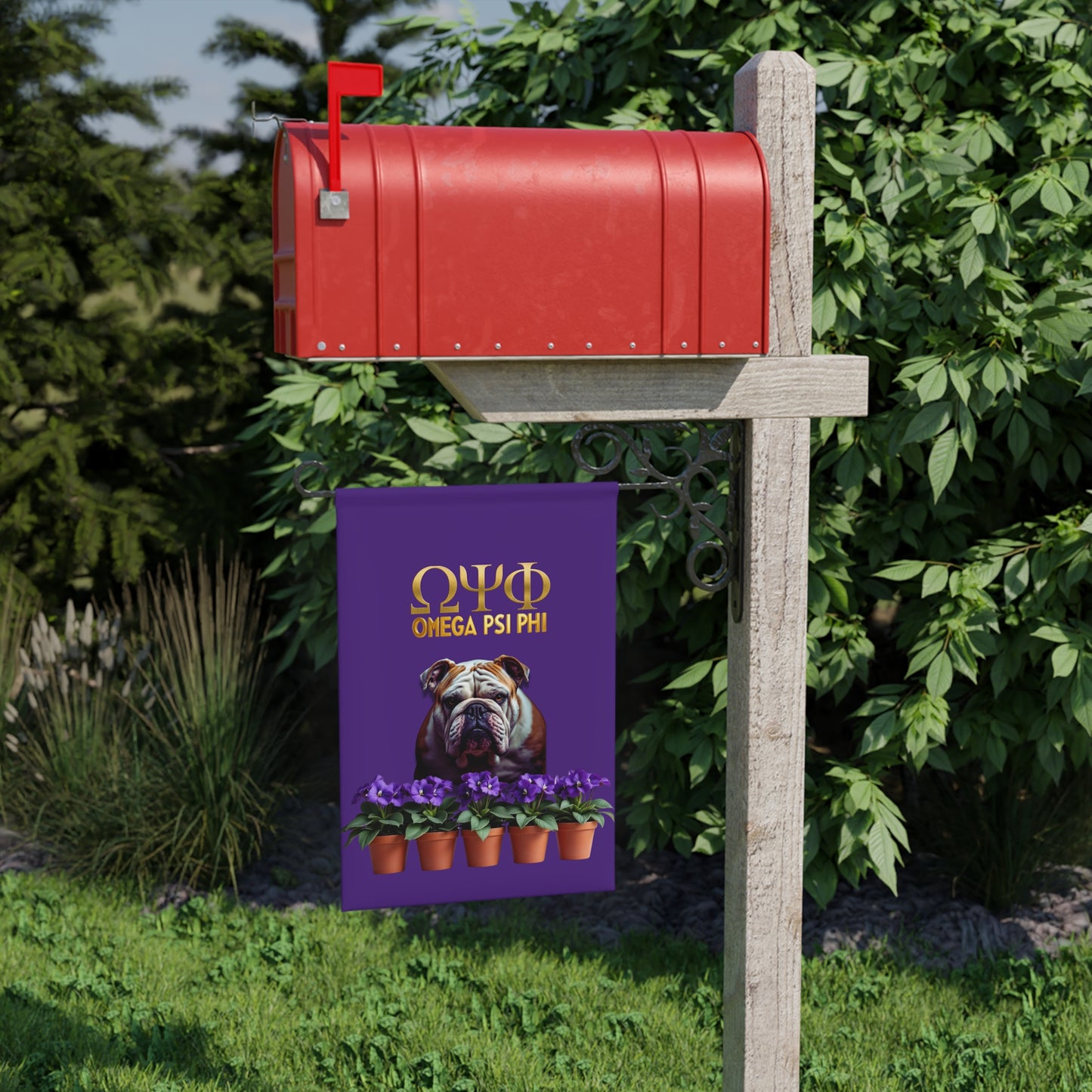 Omega Psi Phi Bulldog Garden Banner with Potted African Violets – Fraternity Pride Outdoor Decor 