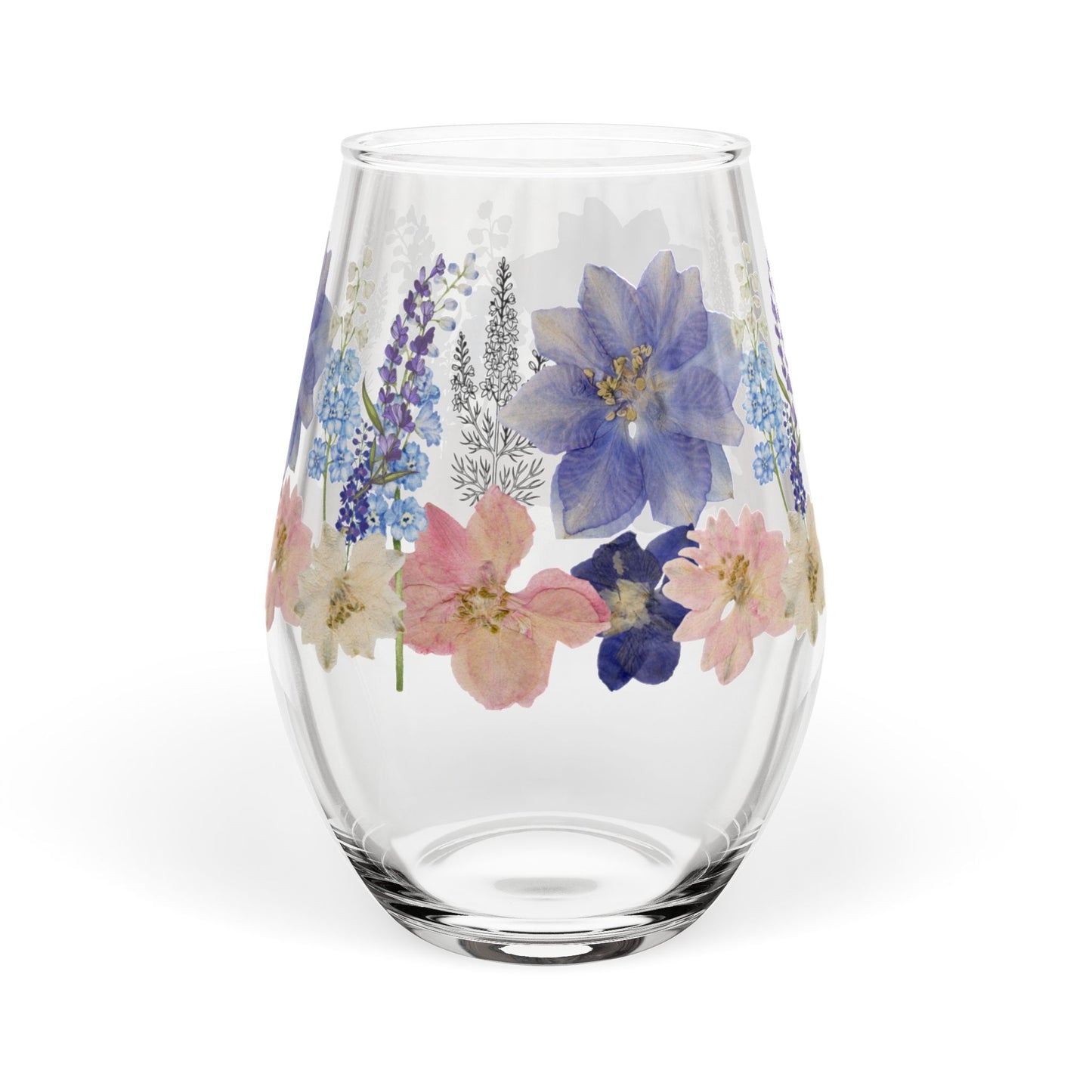 July Birth Month Flower - Larkspur Bouquet Stemless Wine Glass — 11.75oz