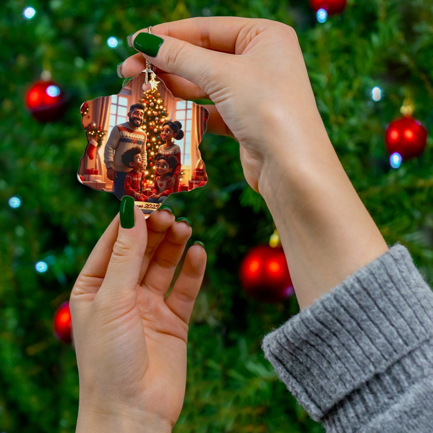 Black Family Keepsake Ornament | African American Mom, Dad, and 2 Kids  |