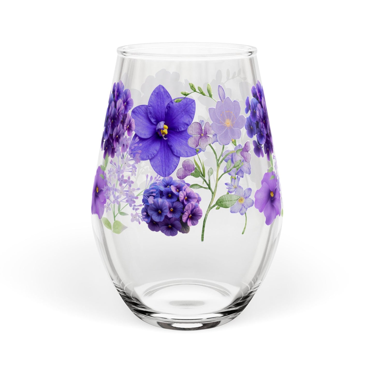 February Birth Month Flower - Violet Bouquet Stemless Wine Glass — 11.75oz