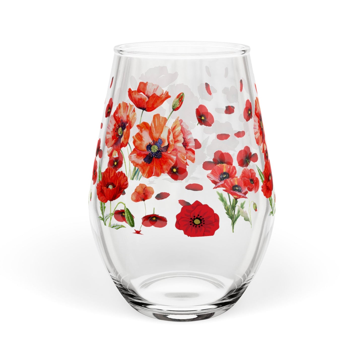 August Birth Flower - Poppy Bouquet Stemless Wine Glass — 11.75oz