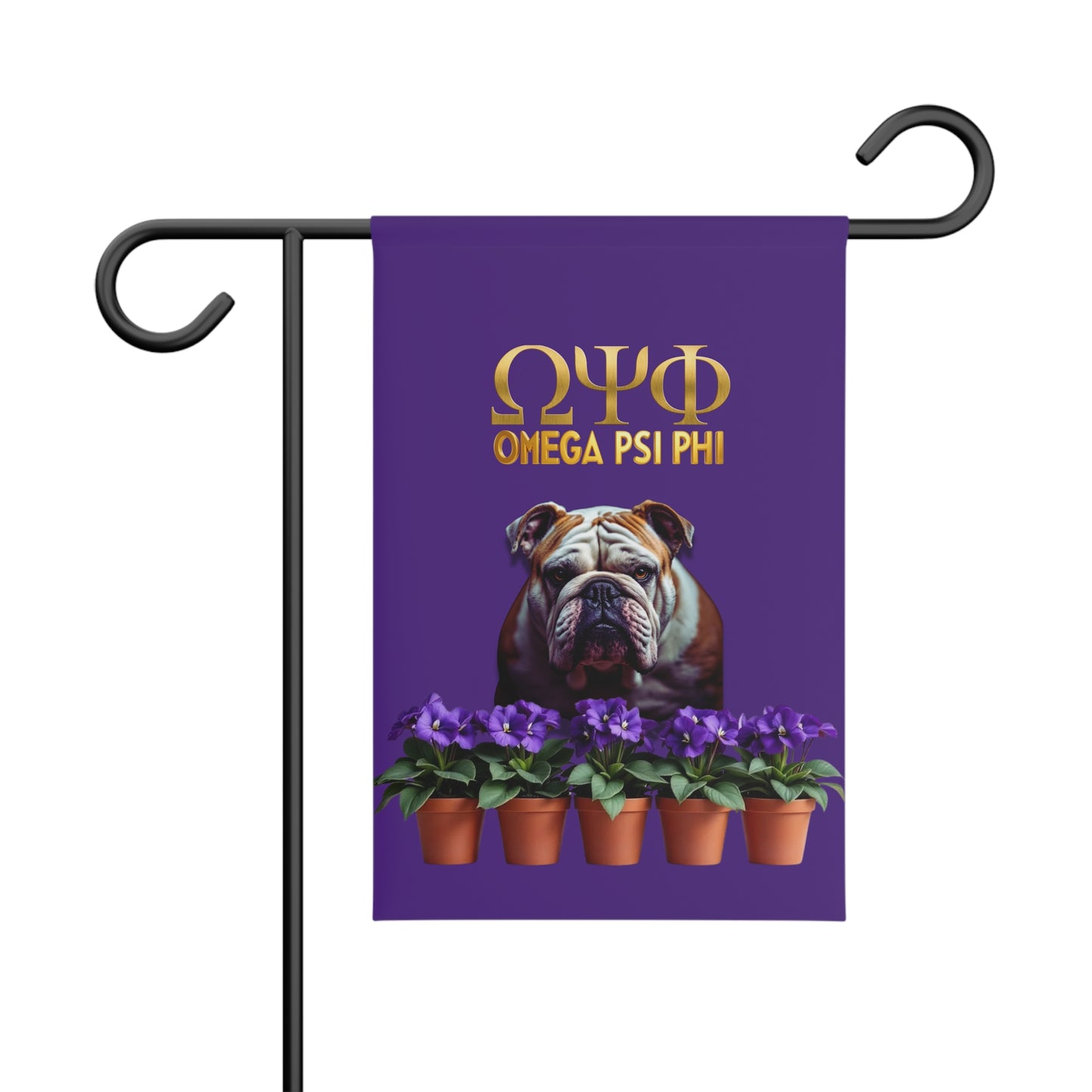 Omega Psi Phi Bulldog Garden Banner with Potted African Violets – Fraternity Pride Outdoor Decor 