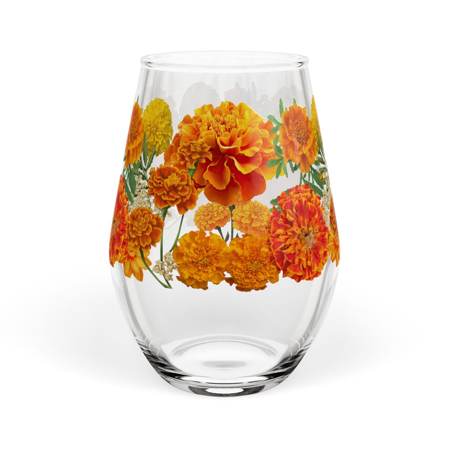 October Birth Month Flower - Marigold Bouquet Stemless Wine Glass — 11.75oz