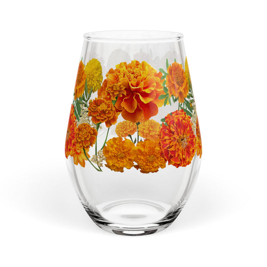 October Birth Month Flower - Marigold Bouquet Stemless Wine Glass — 11.75oz