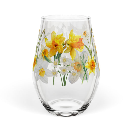 December Birth Month Flower - Paperwhite Narcissus Bouquet Stemless Wine Glass — 11.75oz
