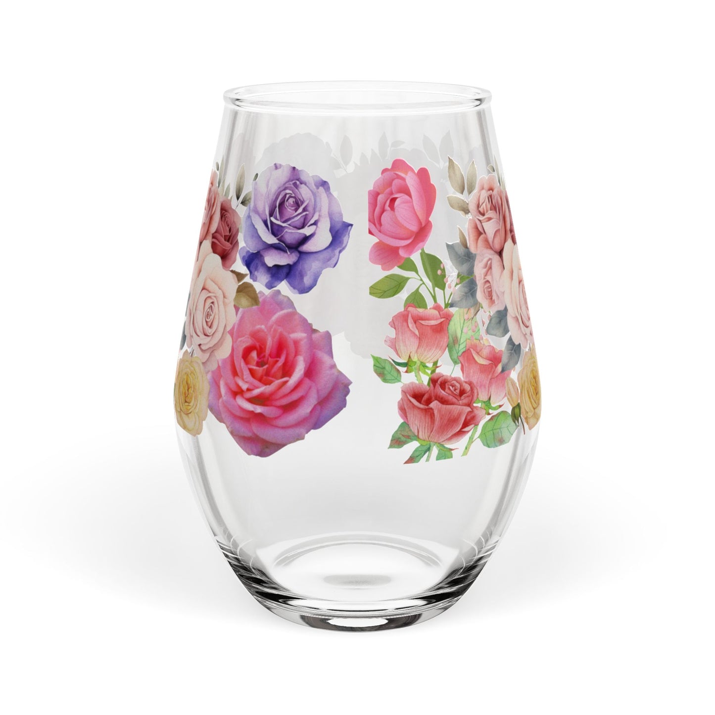 June Birth Month Rose Bouquet Stemless Wine Glass — 11.75oz