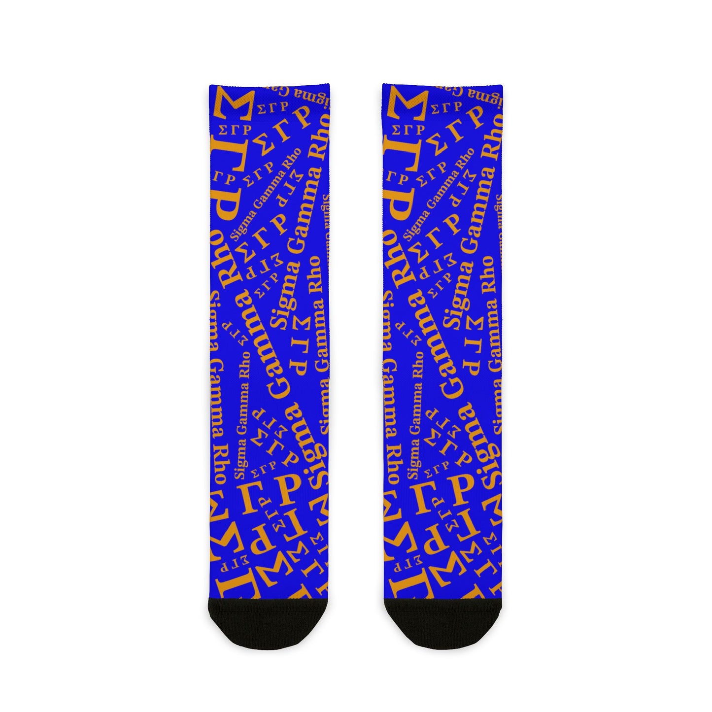 ΣΓΡ | Greek Letters Pattern | Paraphernalia | Gift Sigma Gamma Rho Blue & Gold Word-Cloud Crew Socks — Custom Sublimation