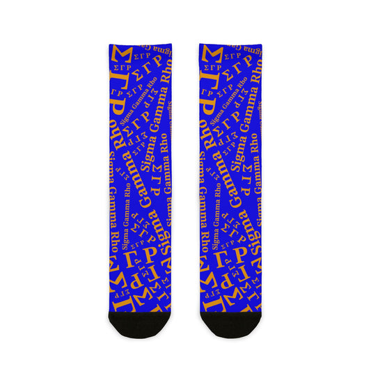 ΣΓΡ | Greek Letters Pattern | Paraphernalia | Gift Sigma Gamma Rho Blue & Gold Word-Cloud Crew Socks — Custom Sublimation