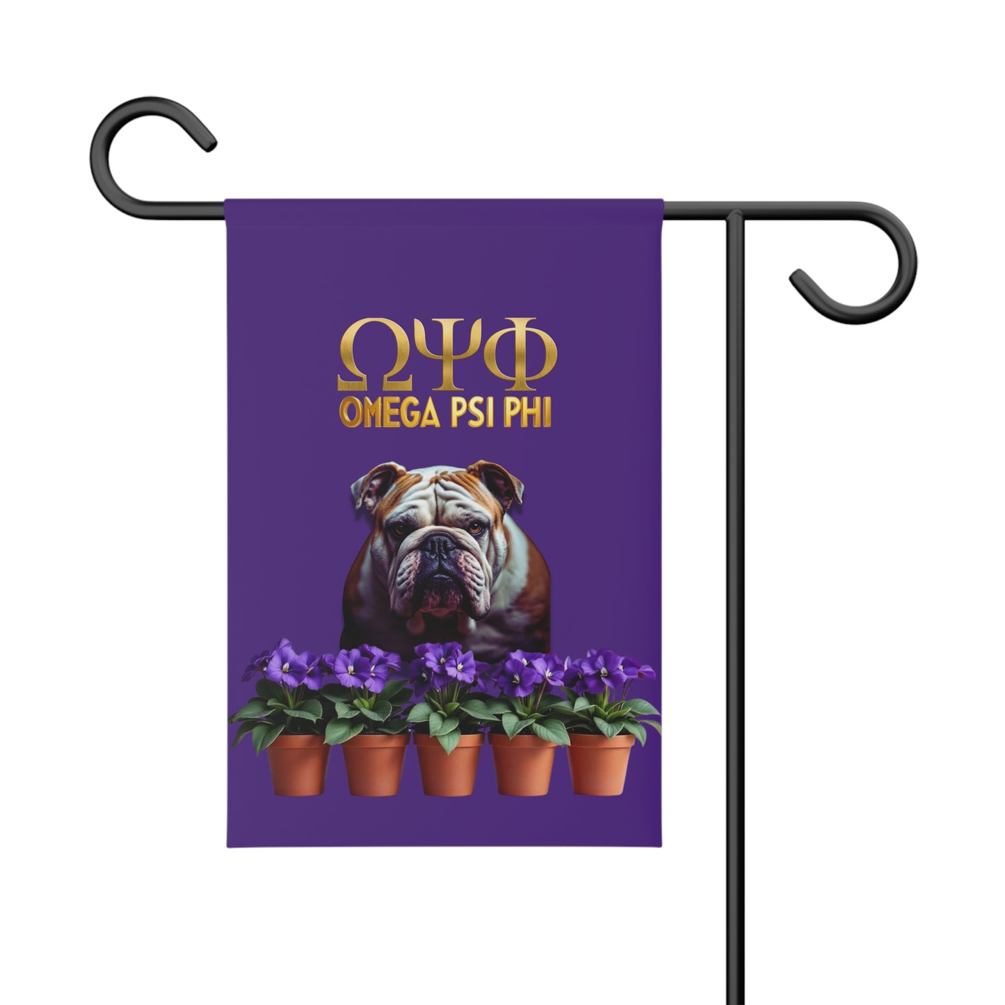 Omega Psi Phi Bulldog Garden Banner with Potted African Violets – Fraternity Pride Outdoor Decor 
