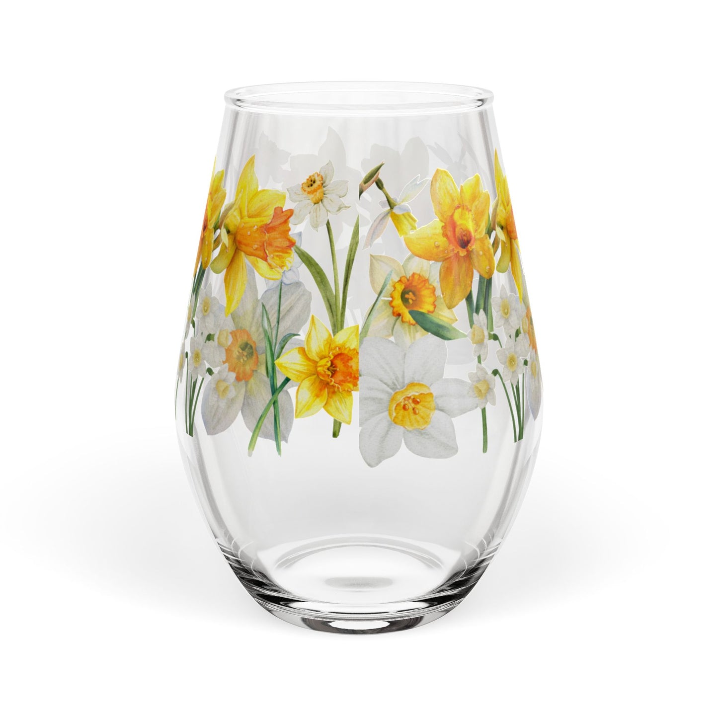 December Birth Month Flower - Paperwhite Narcissus Bouquet Stemless Wine Glass — 11.75oz