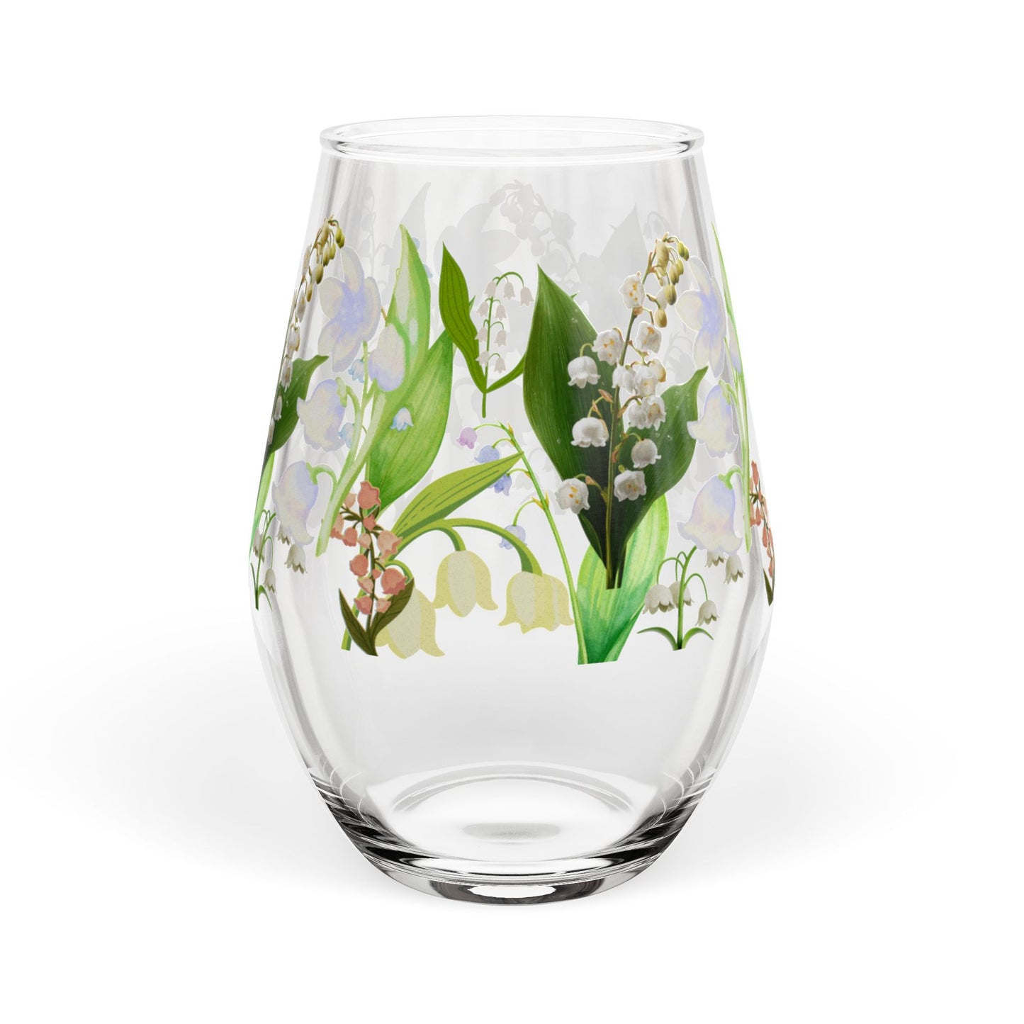 May Birth Month Flower - Lily of the Valley Bouquet Stemless Wine Glass — 11.75oz