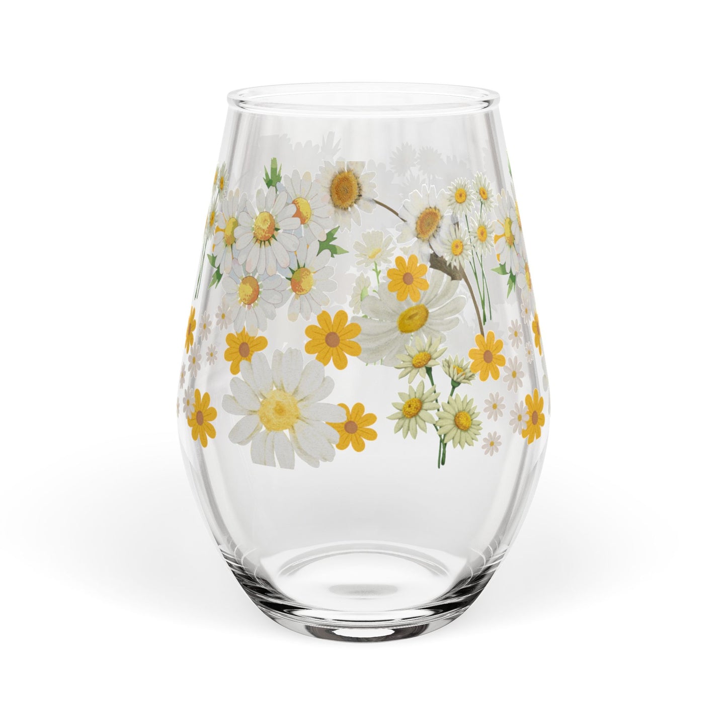 April Birth Month Flower - Daisy Bouquet Stemless Wine Glass — 11.75oz