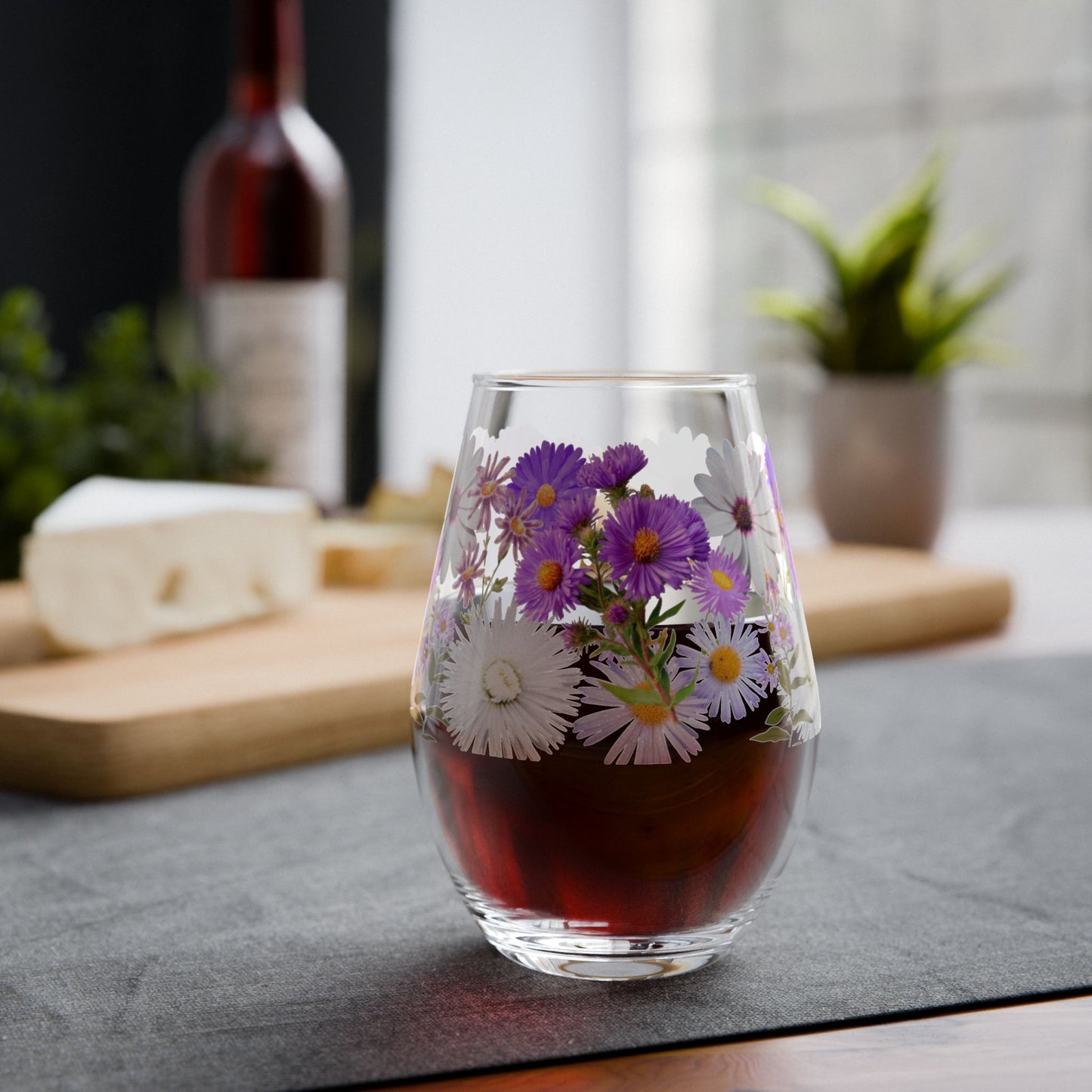September Birth Month Flower - Aster Bouquet Stemless Wine Glass — 11.75oz