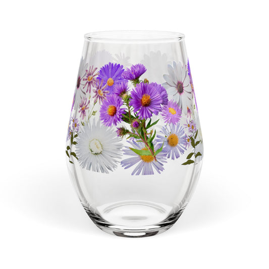 September Birth Month Flower - Aster Bouquet Stemless Wine Glass — 11.75oz