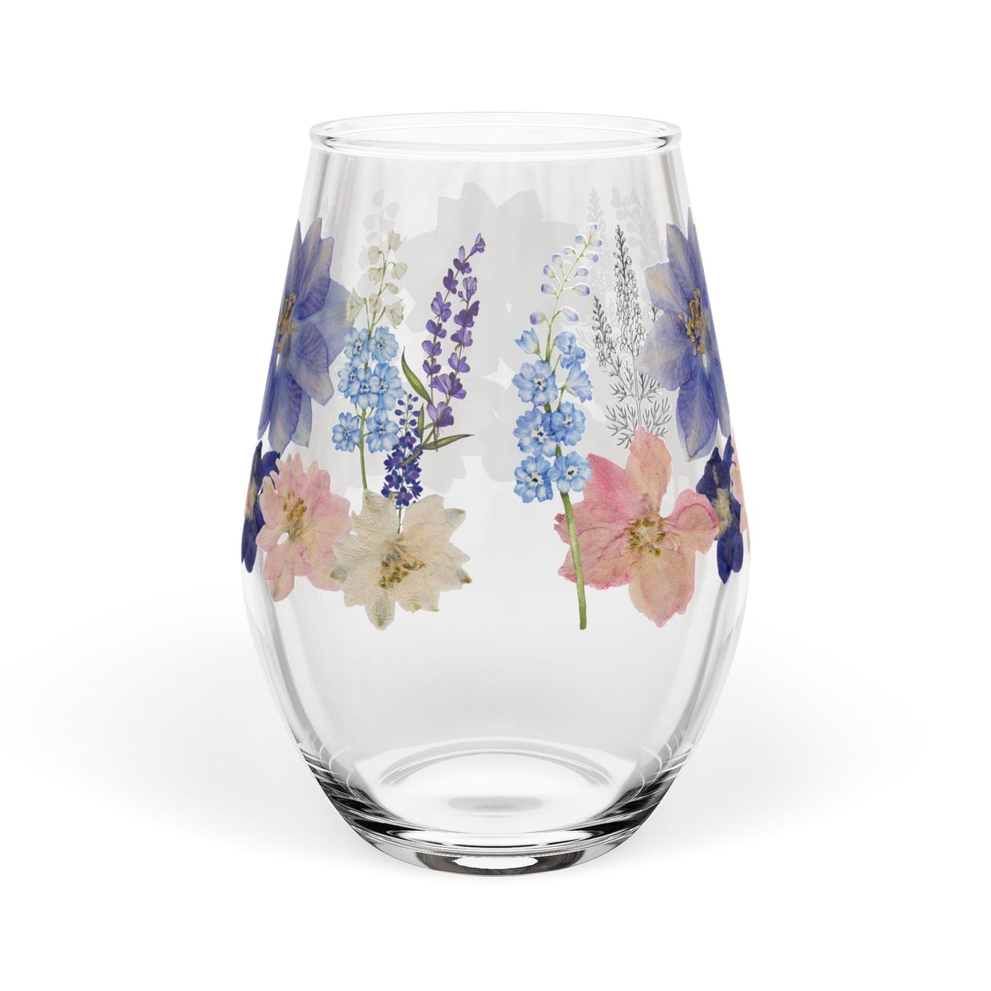 July Birth Month Flower - Larkspur Bouquet Stemless Wine Glass — 11.75oz