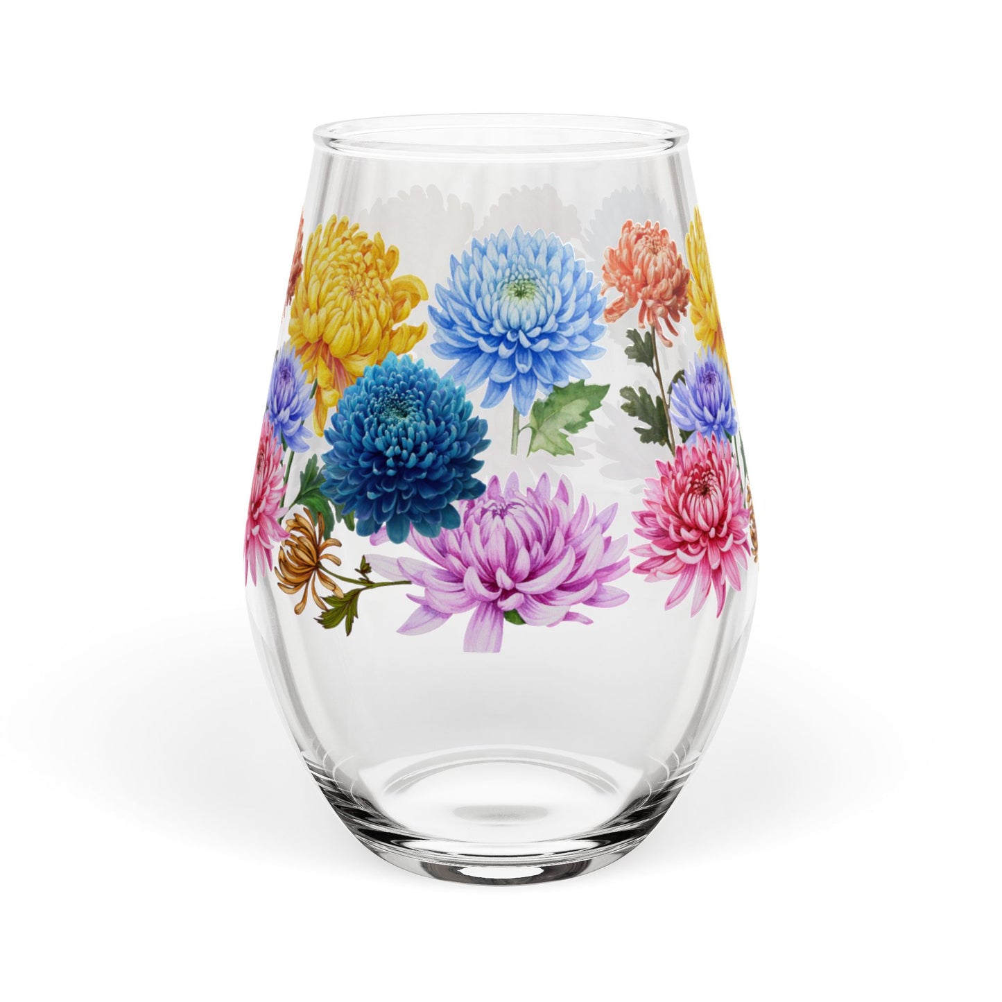 November Birth Month Flower - Chrysanthemum Bouquet Stemless Wine Glass — 11.75oz