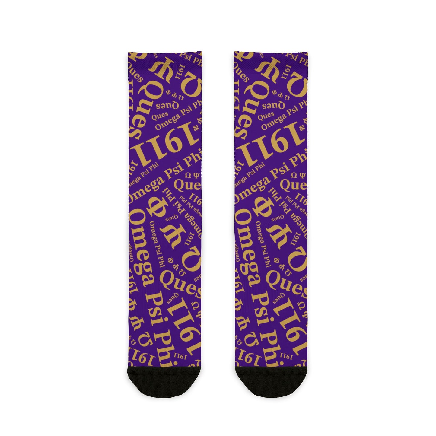 Omega Psi Phi Purple & Gold Patterned Crew Socks Ques Gear – Sublimation Greek Letter Design