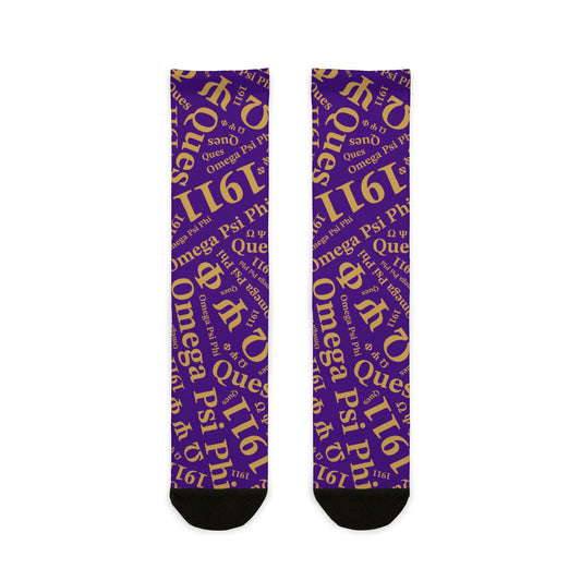 Omega Psi Phi Purple & Gold Patterned Crew Socks Ques Gear – Sublimation Greek Letter Design