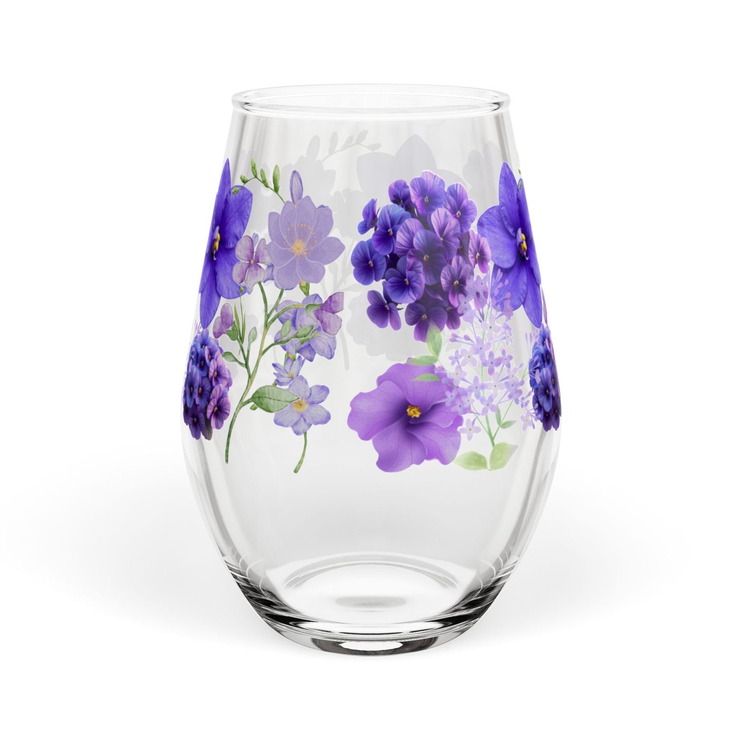 February Birth Month Flower - Violet Bouquet Stemless Wine Glass — 11.75oz