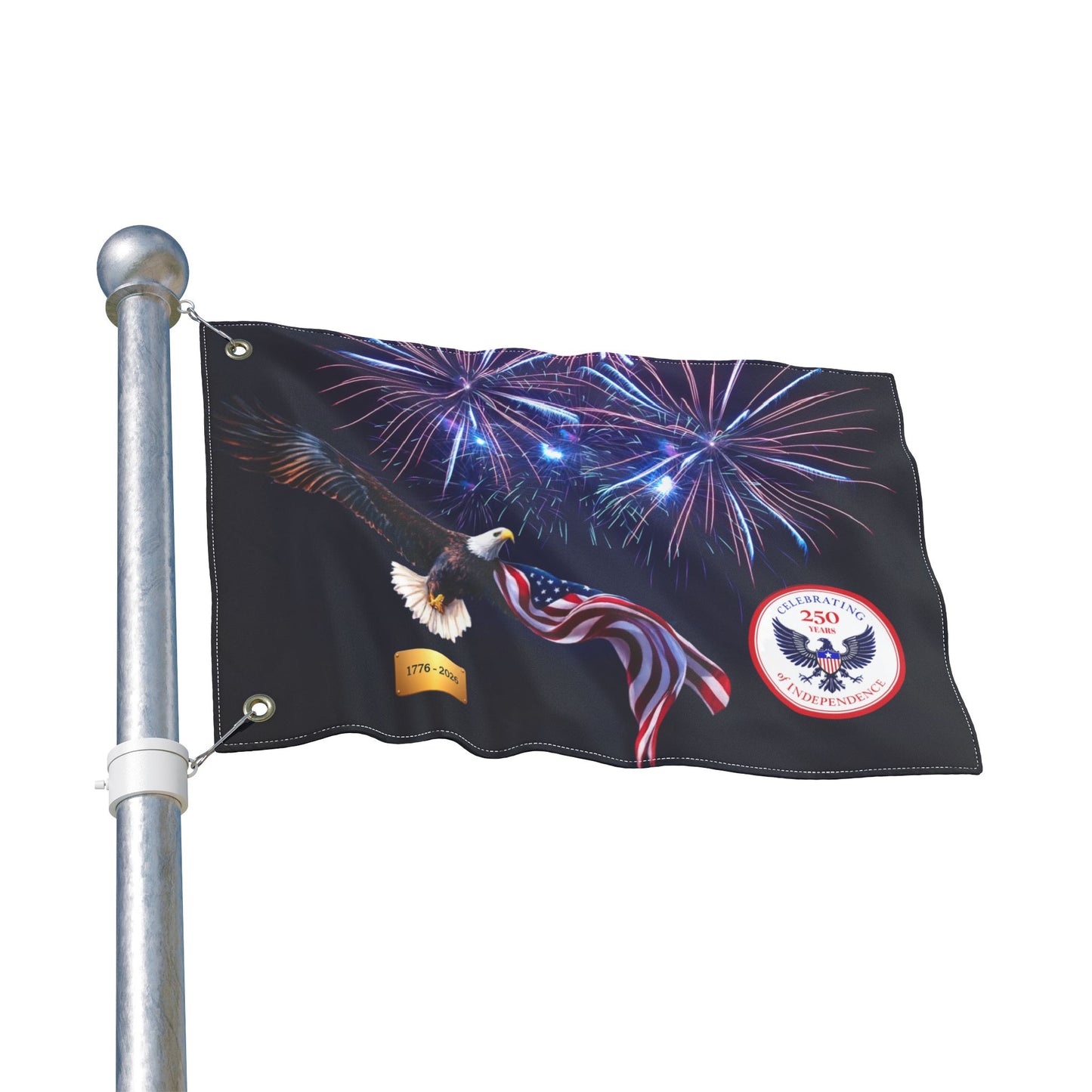 Bald Eagle with American Flag Double Sided Flag | 1776-2026 Fireworks | 1776-2026 Fireworks Flag | 250th Anniversary Flag
